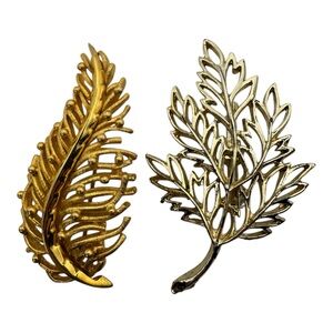 Vintage Gold Tone Leaf Brooch Pin Lot of 2 Nature Design 2”